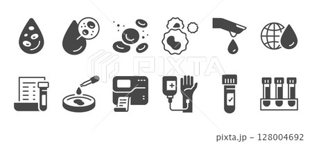 Hematology solid icon set. It included hematologist, Blood, Test Tube, Blood Slide, and more icons 128004692