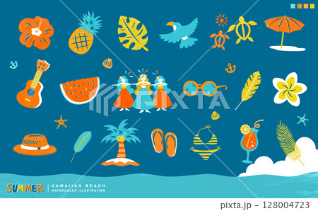 水彩タッチの夏のハワイ・ビーチと海・ハイビスカスの花や植物・アイテムのアイコン素材イラスト 水彩タッチの夏のハワイ・ビーチと海・ハイビスカスの花や植物・アイテムのアイコン素材イラスト 128004723