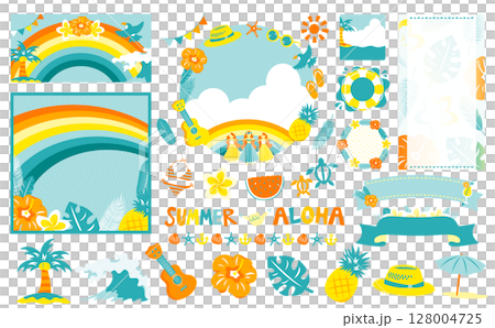 以散落在夏日夏威夷海灘風景上的鮮花和物品作為背景材料的框架_包含手寫文字 128004725