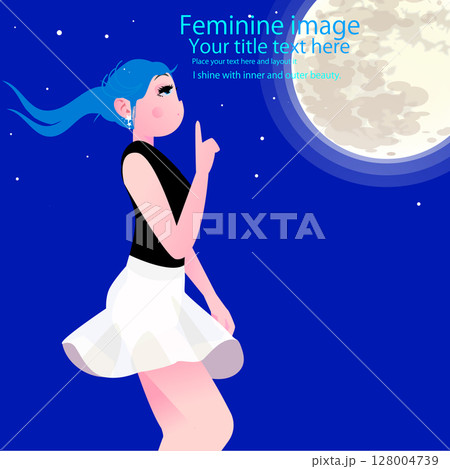 可愛い女性が月を見ているポーズ 128004739