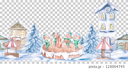 Seamless border with a quartet of elves and snow-covered houses. Isolated watercolor illustration on a Christmas theme for the design of New Year festivals, concerts, invitations, cards, interior. 128004745