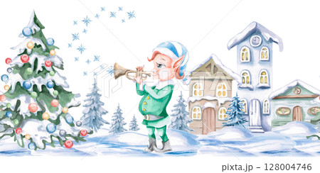 Seamless border with elf trumpeter and snow-covered houses. Isolated watercolor illustration on Christmas theme for decoration of New Year festivals, concerts, invitations, postcards, interior. Seamless border with elf trumpeter and snow-covered houses. Isolated watercolor illustration on Christmas theme for decoration of New Year festivals, concerts, invitations, postcards, interior. 128004746