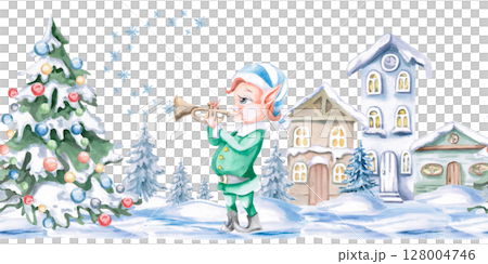 Seamless border with elf trumpeter and snow-covered houses. Isolated watercolor illustration on Christmas theme for decoration of New Year festivals, concerts, invitations, postcards, interior. Seamless border with elf trumpeter and snow-covered houses. Isolated watercolor illustration on Christmas theme for decoration of New Year festivals, concerts, invitations, postcards, interior. 128004746