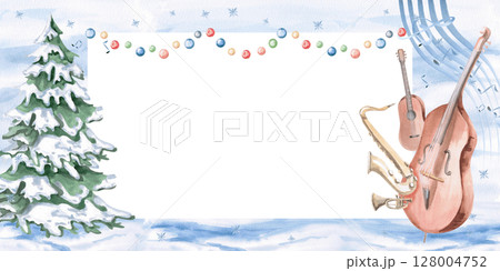 Rectangular frame with a Christmas tree, garland and musical instruments. Isolated watercolor illustration on a Christmas theme for the design of musical New Year festivals, concerts, invitations. 128004752