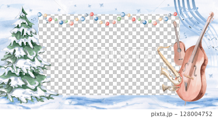 Rectangular frame with a Christmas tree, garland and musical instruments. Isolated watercolor illustration on a Christmas theme for the design of musical New Year festivals, concerts, invitations. 128004752