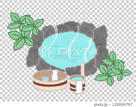 帶有露天浴池和裝滿清酒的桶的風景插圖 帶有露天浴池和裝滿清酒的桶的風景插圖 128004767