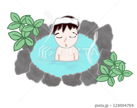 露天風呂に入浴している若い男性の風景のイラスト 露天風呂に入浴している若い男性の風景のイラスト 128004769