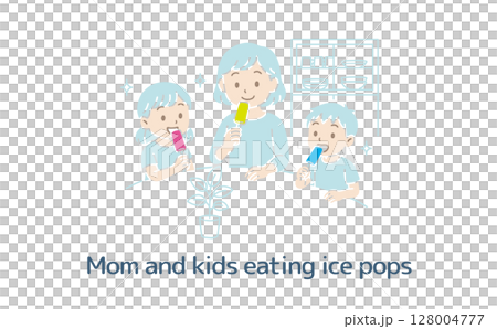 アイスキャンディーを食べるママと子供たち（主線なし） 128004777