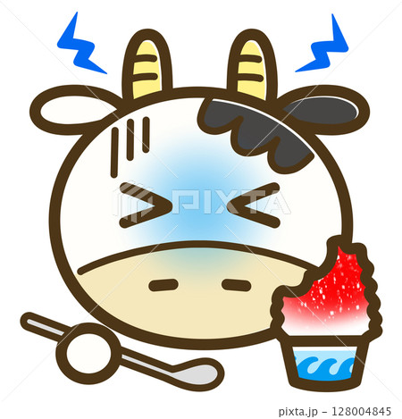 かき氷を食べてキーンとなっているうしこのイラスト（夏・表情・かわいいキャラクター） 128004845