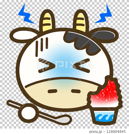 かき氷を食べてキーンとなっているうしこのイラスト（夏・表情・かわいいキャラクター） 128004845