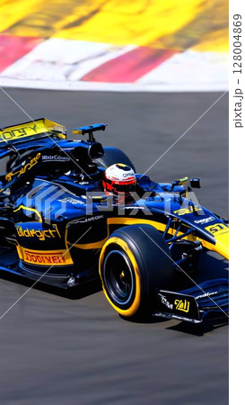 Sleek formula one car rushes along clean asphalt, leaving dramatic marks as sunlight reflects off aerodynamic body, embodying ultimate racing precision and power. 128004869