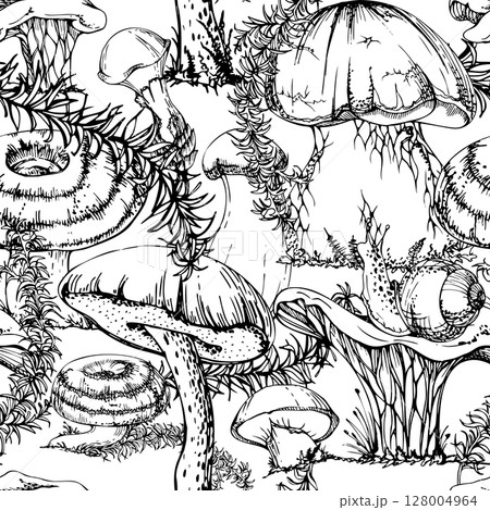 Golden chanterelle girolle, russula webcap birch bolete suillus slippery jack mushrooms, horsetail plant stalks. Fungi nature seamless pattern tile hand drawn in vector ink. Wild food market packaging Golden chanterelle girolle, russula webcap birch bolete suillus slippery jack mushrooms, horsetail plant stalks. Fungi nature seamless pattern tile hand drawn in vector ink. Wild food market packaging 128004964