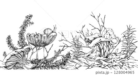 Golden chanterelle girolle, russula cortinarius webcap mushroom on top of fallen autumn leaves pile with twigs, branches. Fungi nature seamless banner hand drawn in vector ink. Linens kitchen stencils 128004965
