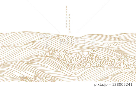 Japanese background with hand drawn line wave element vector. Oriental natural pattern with ocean sea decoration banner design in vintage style. Marine template. 128005241