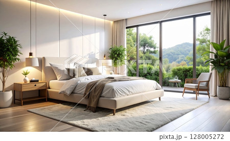 Modern luxury apartment interior with comfortable bedroom and contemporary living room furniture, bathed in natural light 128005272