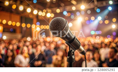 A lone microphone stands ready on a vibrant stage, perfect for capturing live music, powerful speeches, or any concert performance 128005291