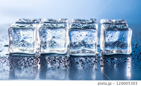 Clear blue ice cubes melt in a glass, their reflections shimmering as water drops form Clear blue ice cubes melt in a glass, their reflections shimmering as water drops form 128005303