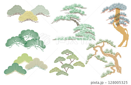 Set of colorful bonsai tree or pine tree elements. Japanese background with Asian traditional icon vector. Natural art with brown background in vintage style. Set of colorful bonsai tree or pine tree elements. Japanese background with Asian traditional icon vector. Natural art with brown background in vintage style. 128005325