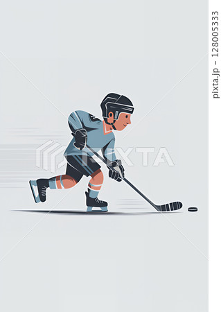 Hockey athlete, colorful sketch illustration in flat style. Cartoon design ice hockey player print. 128005333