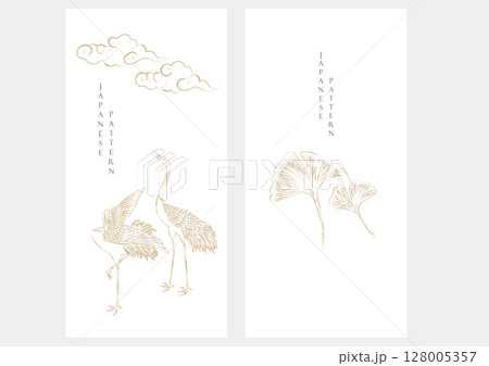 Japanese background with crane birds or herons and ginkgo leaves element vector. Chinese cloud decorations in vintage style. brush stroke painting with art abstract banner design. Japanese background with crane birds or herons and ginkgo leaves element vector. Chinese cloud decorations in vintage style. brush stroke painting with art abstract banner design. 128005357
