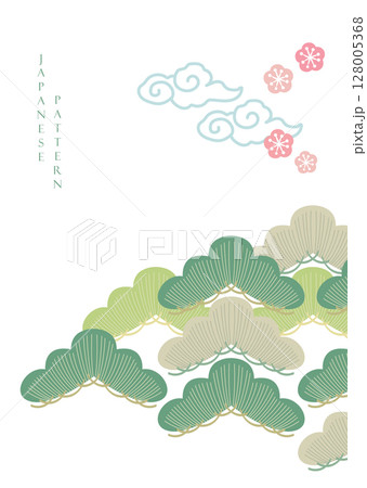 Japanese template vector. Hand drawn cloud, bonsai tree, cherry blossom flower background. Line pattern in Asian style with Japanese pattern. Chinese sea in oriental art. 128005368