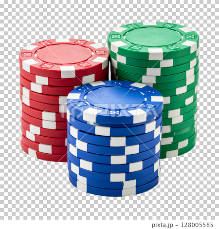 A colorful stack of casino poker chips symbolizes the exciting gamble of a Las Vegas game, representing risk, chance, and the thrill of winning money 128005585