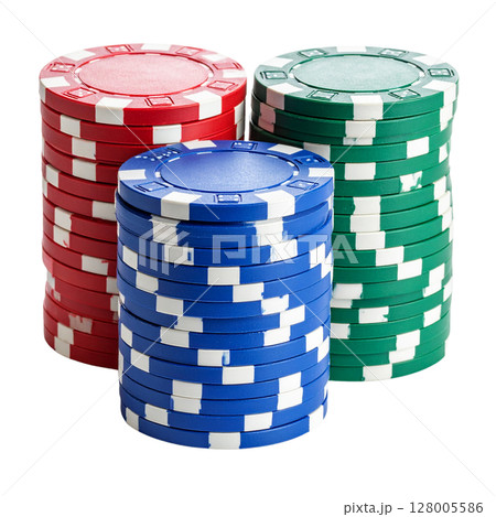 A colorful stack of casino poker chips symbolizes the exciting gamble of a Las Vegas game, representing risk, chance, and the thrill of winning money 128005586
