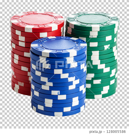 A colorful stack of casino poker chips symbolizes the exciting gamble of a Las Vegas game, representing risk, chance, and the thrill of winning money 128005586