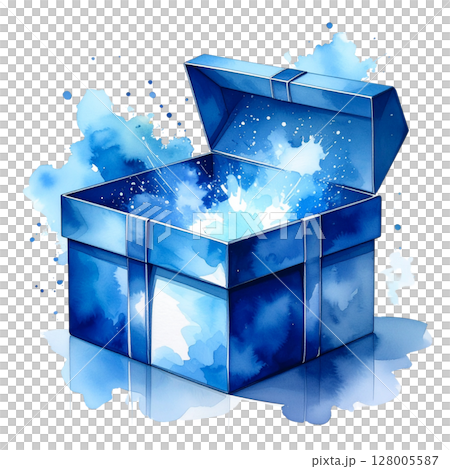 Blue gift box on an abstract blue background: a 3D cube paper package illustration, perfect for Christmas or business concepts Blue gift box on an abstract blue background: a 3D cube paper package illustration, perfect for Christmas or business concepts 128005587