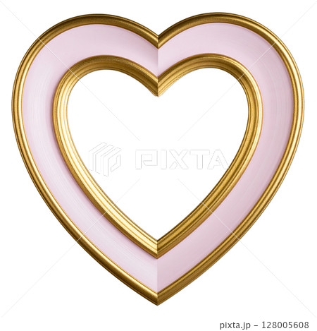Golden heart symbol adorned with a ribbon and rings, a 3D illustration perfect for love, Valentine's Day, or wedding designs 128005608