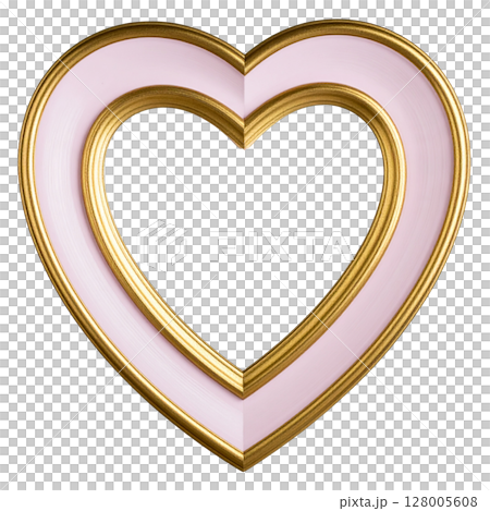 Golden heart symbol adorned with a ribbon and rings, a 3D illustration perfect for love, Valentine's Day, or wedding designs 128005608
