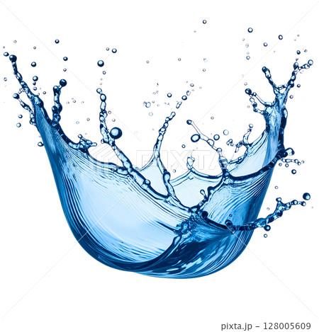 Blue water splash and clear liquid waves isolated on a white background, embodying abstract freshness and transparent flow Blue water splash and clear liquid waves isolated on a white background, embodying abstract freshness and transparent flow 128005609