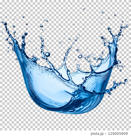 Blue water splash and clear liquid waves isolated on a white background, embodying abstract freshness and transparent flow Blue water splash and clear liquid waves isolated on a white background, embodying abstract freshness and transparent flow 128005609