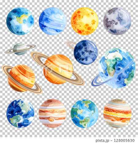 Blue planet earth globes and moon vector icon set for global business illustration Blue planet earth globes and moon vector icon set for global business illustration 128005630