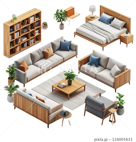 Modern interior design for a living room with wooden furniture, a stylish home office, and architectural elements 128005631