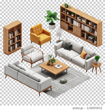 Modern interior design for a living room with wooden furniture, a stylish home office, and architectural elements 128005632