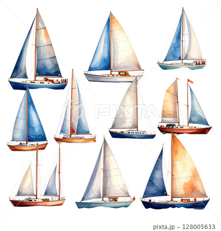 Isolated white background sailing ship set featuring a classic regatta vessel with a mast and sails 128005633