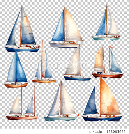 Isolated white background sailing ship set featuring a classic regatta vessel with a mast and sails 128005633