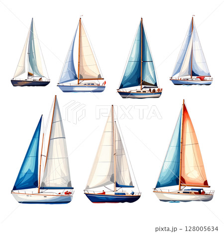 Isolated white background sailing ship set featuring a classic regatta vessel with a mast and sails 128005634