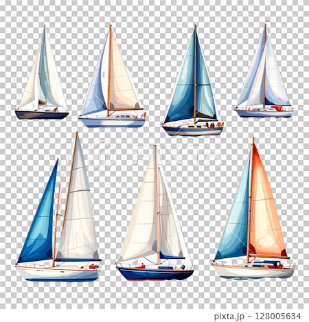 Isolated white background sailing ship set featuring a classic regatta vessel with a mast and sails 128005634