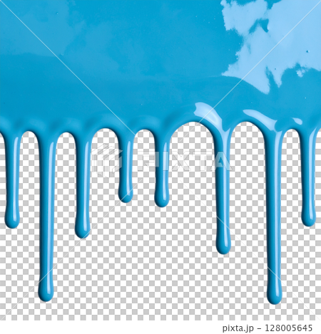 Blue paint and water splashes drip on a white background, creating a colorful and artistic fluid design 128005645