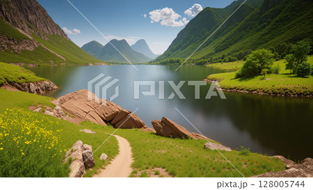 Landscape of grassland and lake with high mountains and sky in the background. 128005744