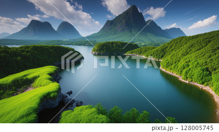 Landscape of grassland and lake with high mountains and sky in the background. Landscape of grassland and lake with high mountains and sky in the background. 128005745