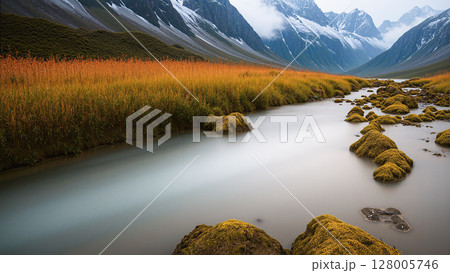 A natural view with a river and high mountains as a background during twilight. A natural view with a river and high mountains as a background during twilight. 128005746