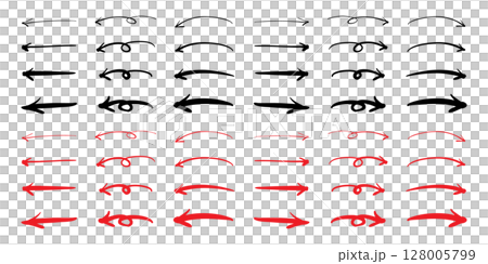 Set of handwritten arrows with a pen pointing right and left, black and red, vector 128005799