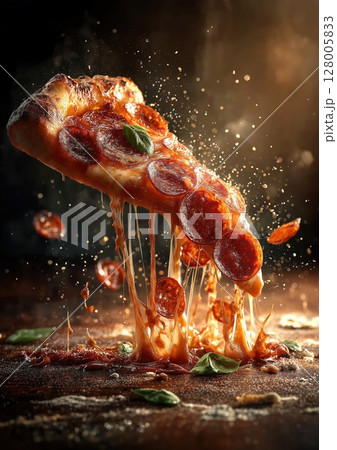 Juicy Pepperoni Pizza Slice with Stretching Cheese 128005833
