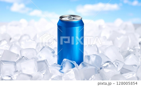 Blue and white medicine pills are frozen in clear ice cubes inside a glass of cool water 128005854