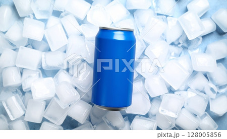 Blue and white medicine pills are frozen in clear ice cubes inside a glass of cool water 128005856