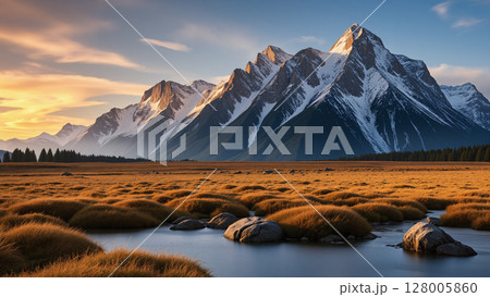 Evening scenery, brown grassland and river, with high mountains and sky in the background. 128005860