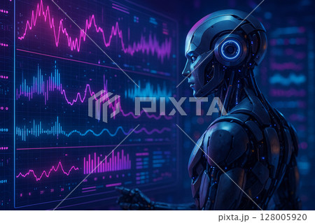 AI generated image of a humanoid robot analyzing digital charts and data streams in a high tech command center filled with glowing neon interfaces and futuristic signals 128005920